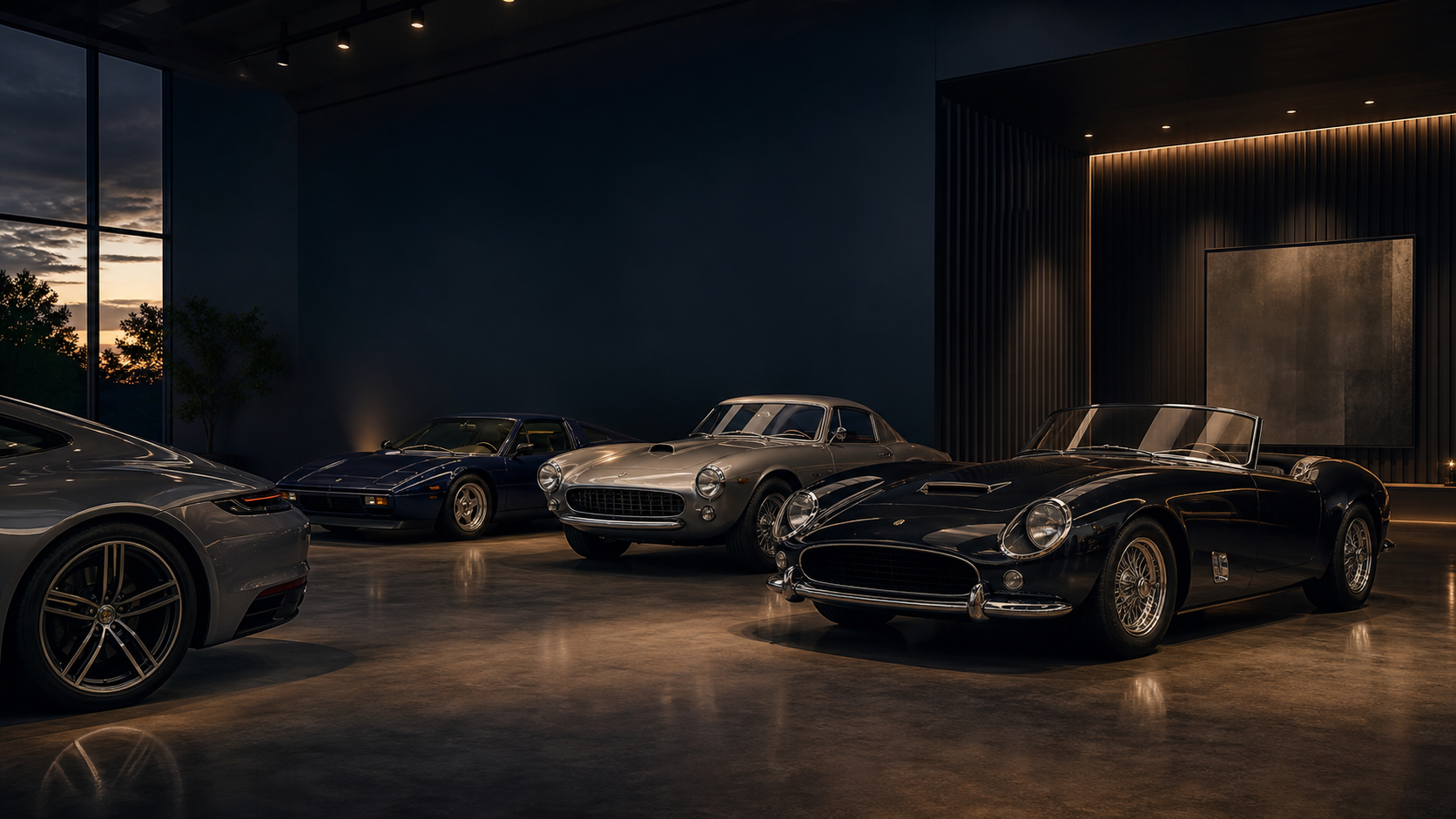 Collector car in a restrained editorial setting with space for market intelligence messaging.