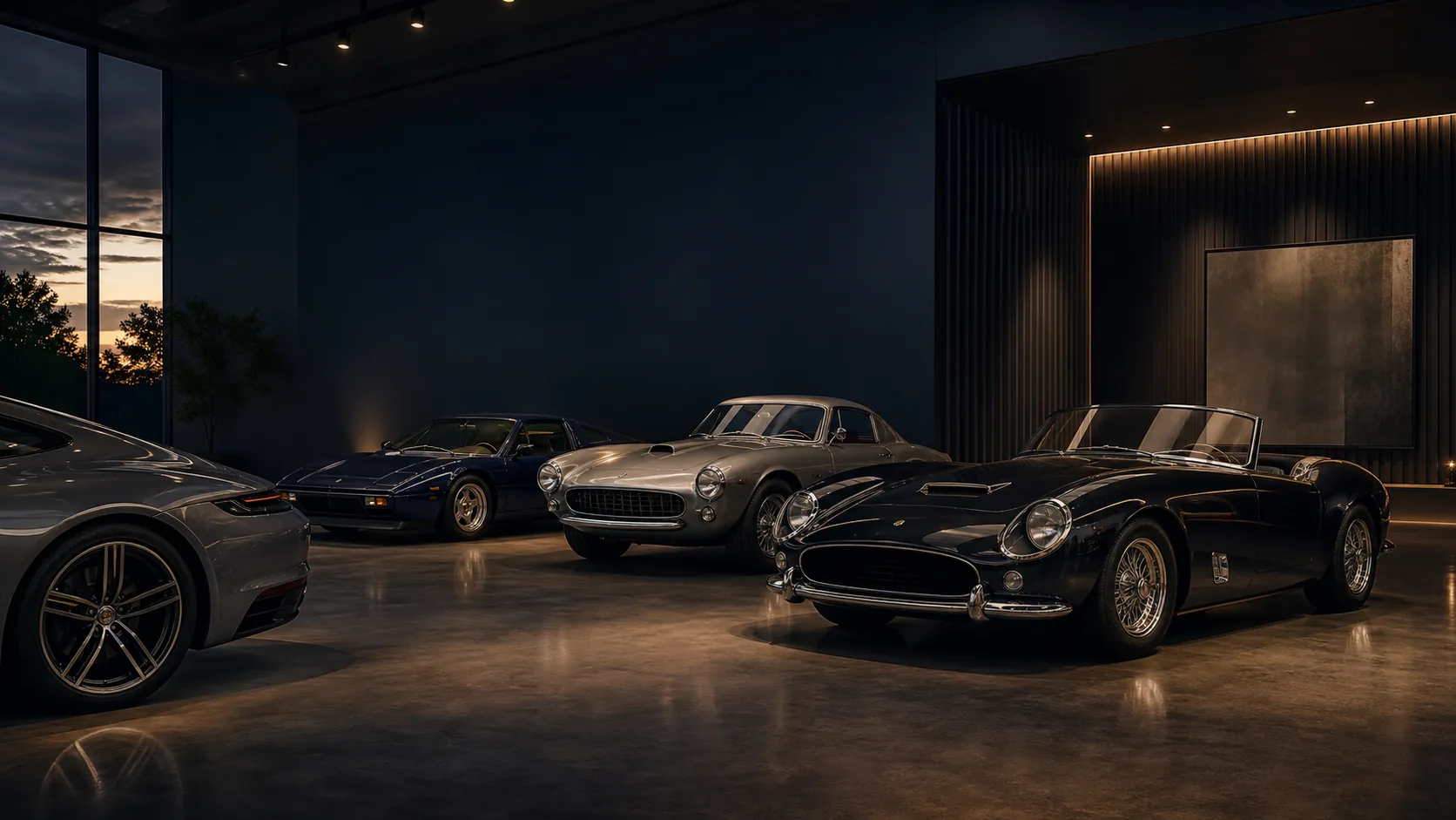 Collector car in a restrained editorial setting with space for market intelligence messaging.
